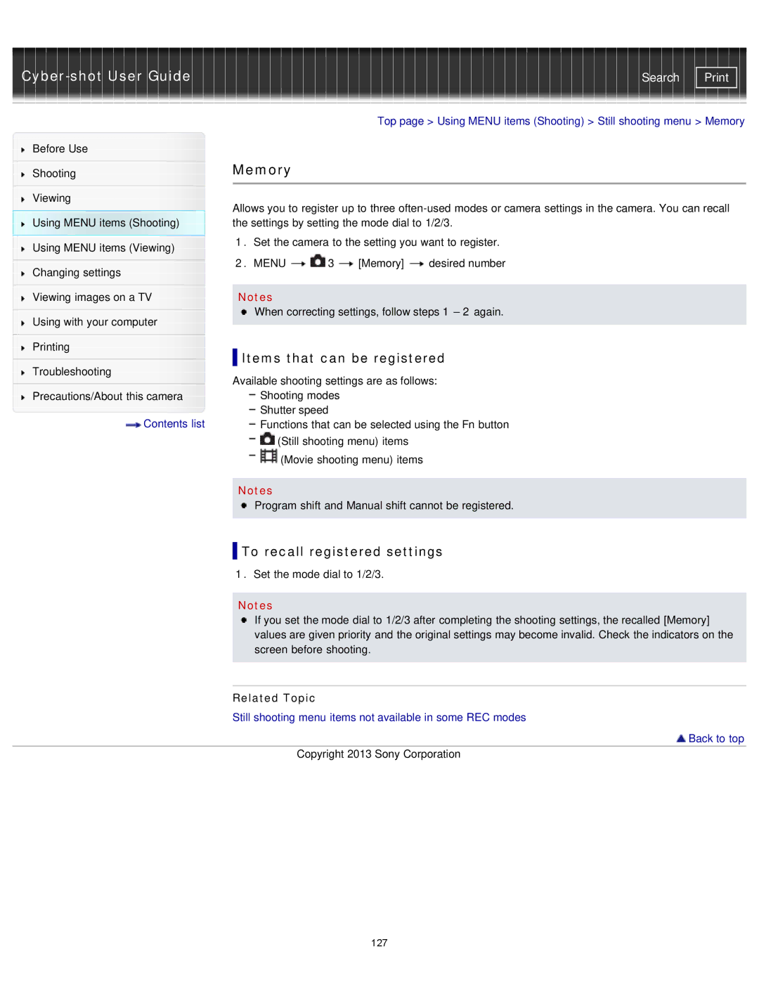 Sony DSC-RX1/RX1R manual Memory, Items that can be registered, To recall registered settings 