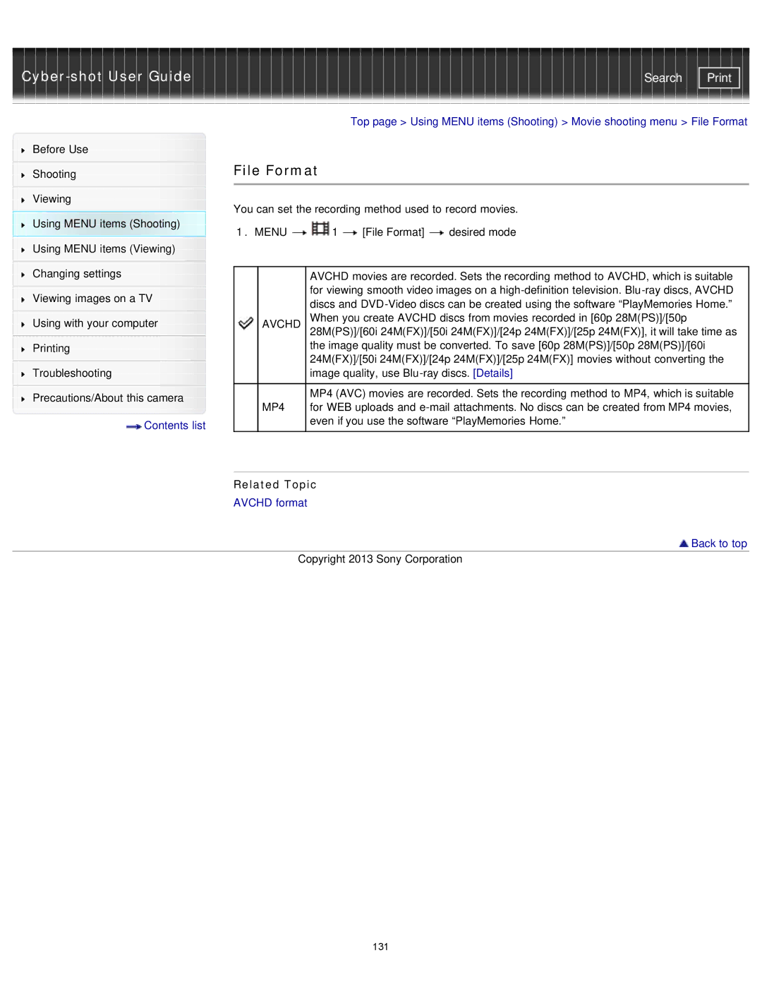 Sony DSC-RX1/RX1R manual File Format, Avchd 