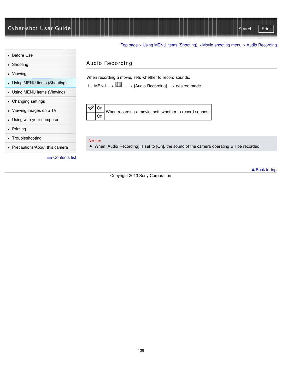 Sony DSC-RX1/RX1R manual Audio Recording 