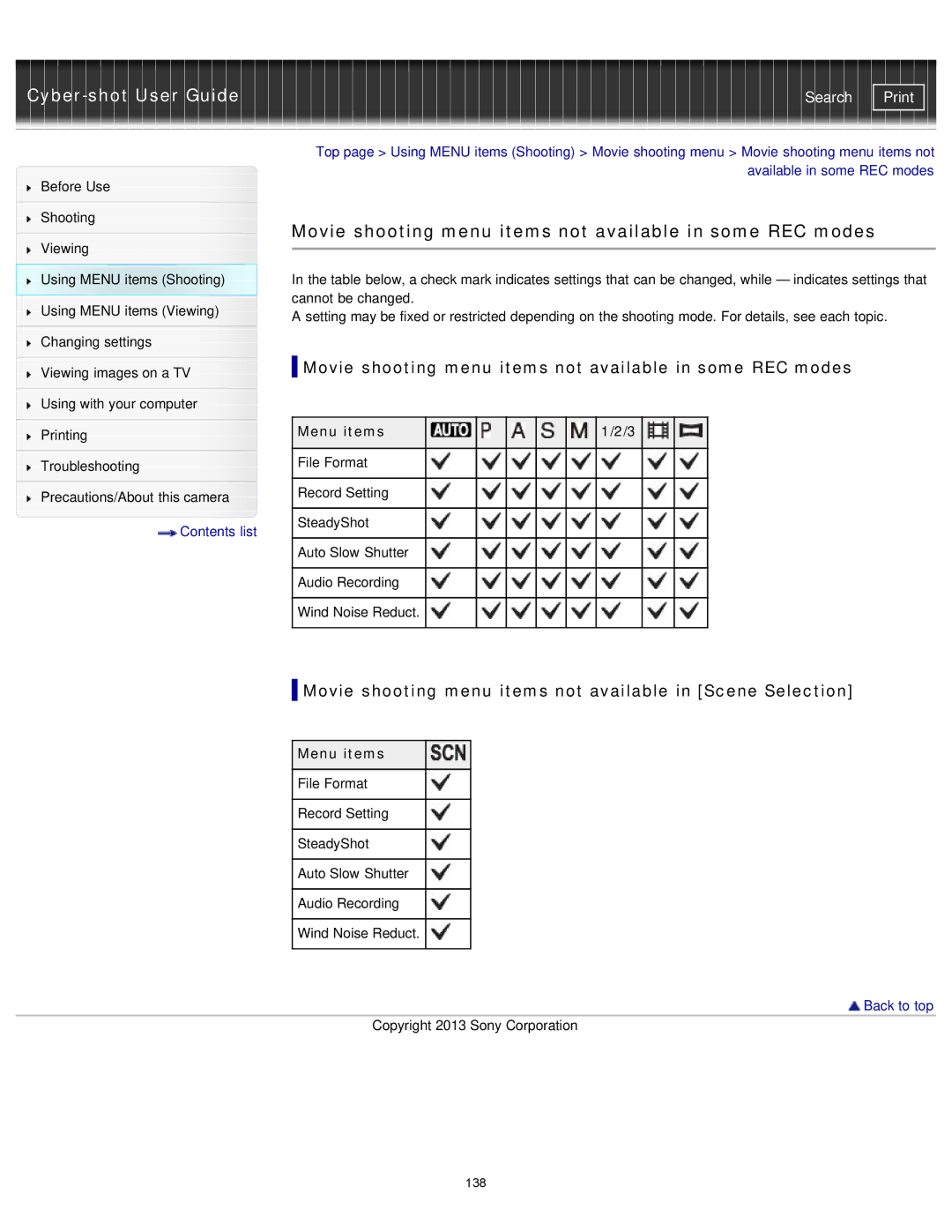 Sony DSC-RX1/RX1R manual Movie shooting menu items not available in some REC modes 