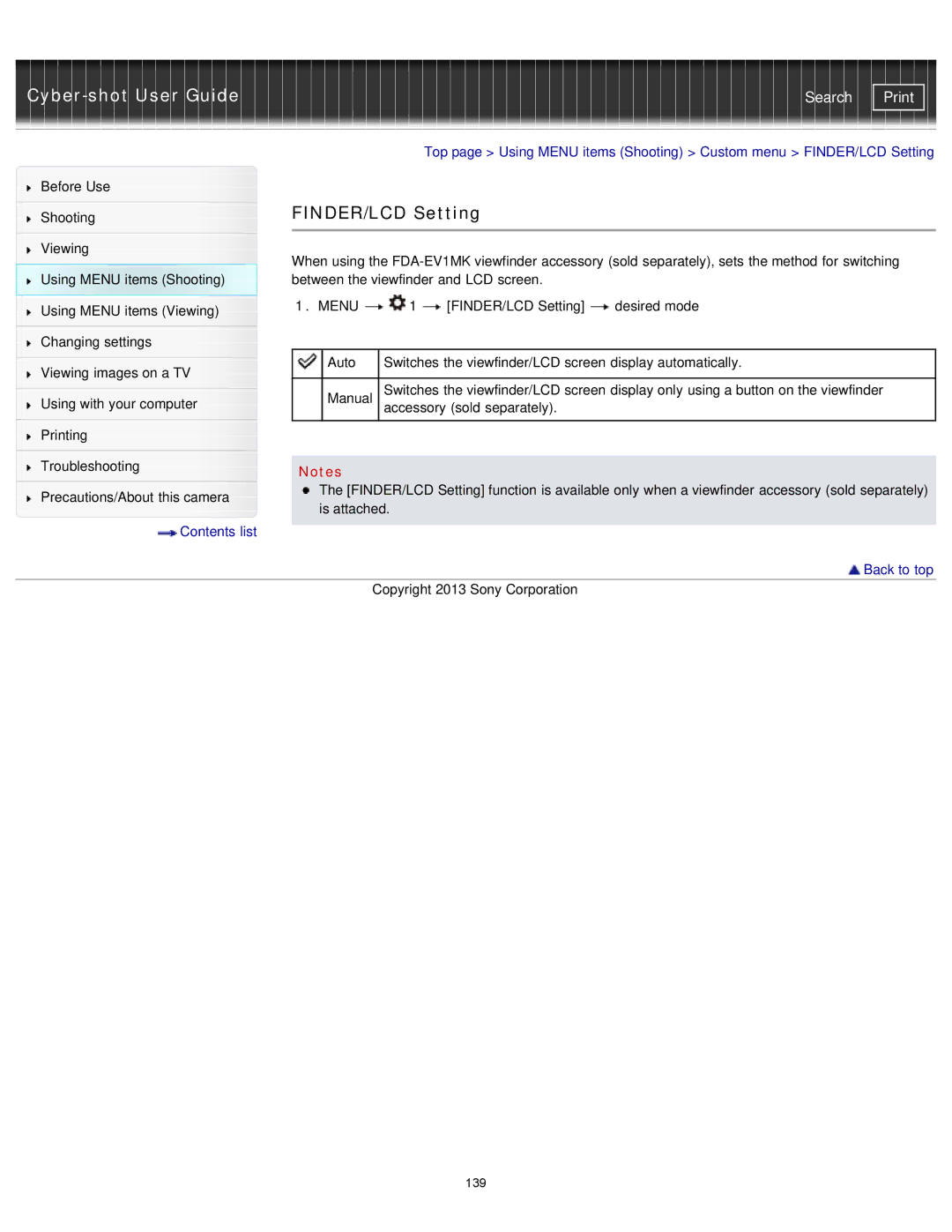 Sony DSC-RX1/RX1R manual FINDER/LCD Setting 