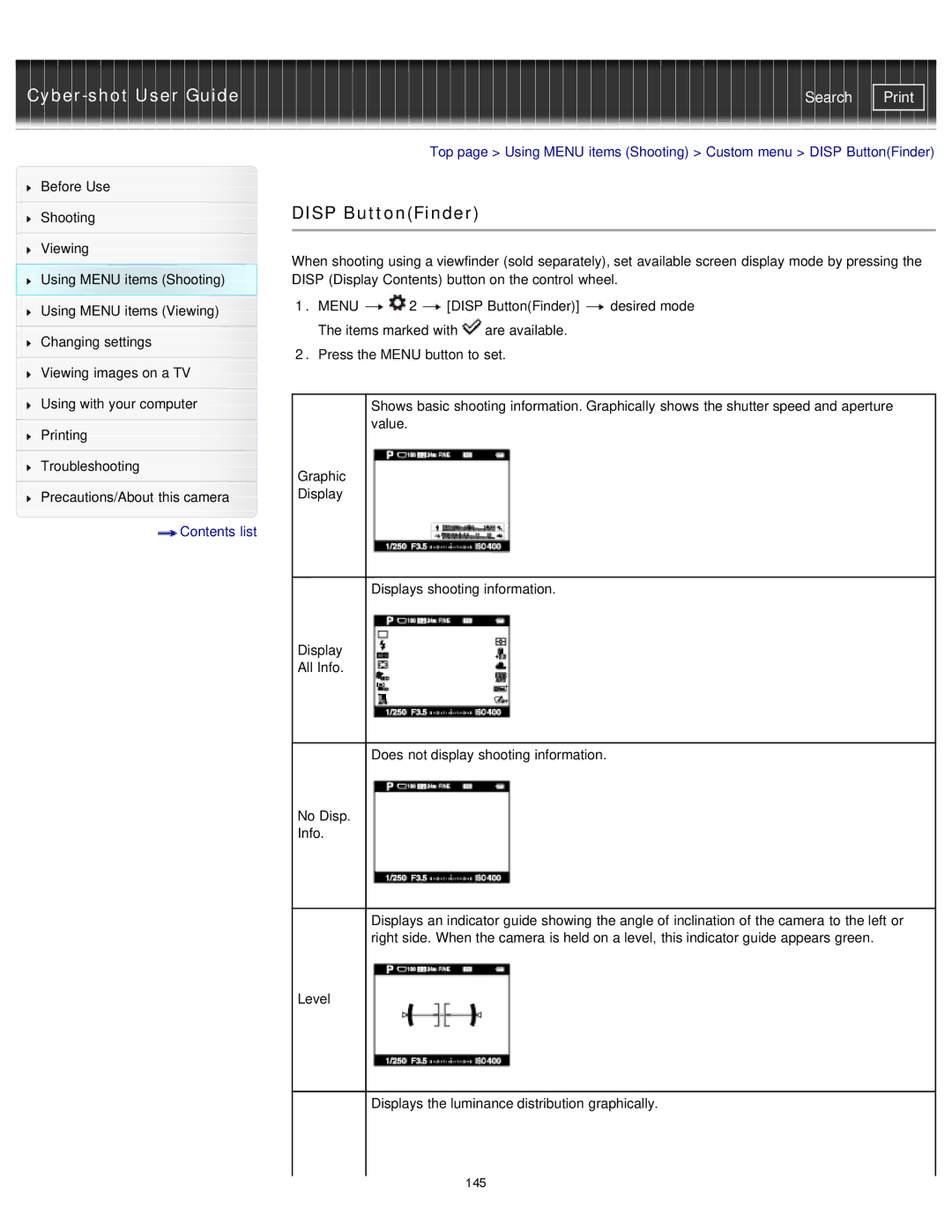 Sony DSC-RX1/RX1R manual Disp ButtonFinder 