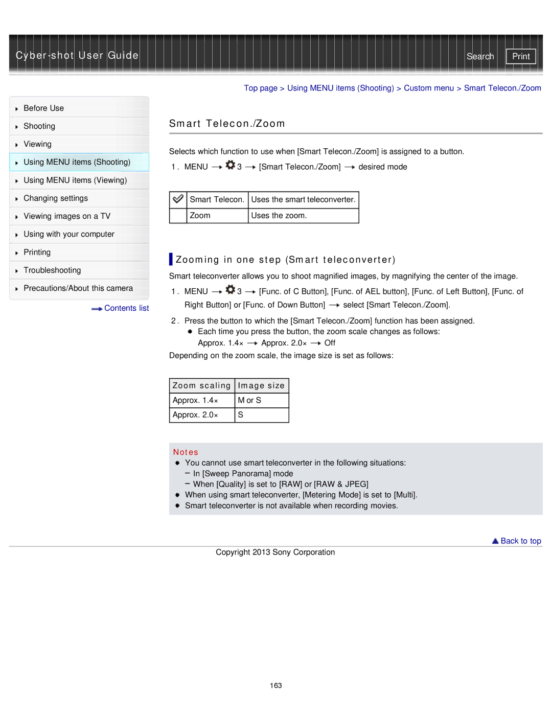 Sony DSC-RX1/RX1R manual Smart Telecon./Zoom, Zooming in one step Smart teleconverter, Zoom scaling Image size 