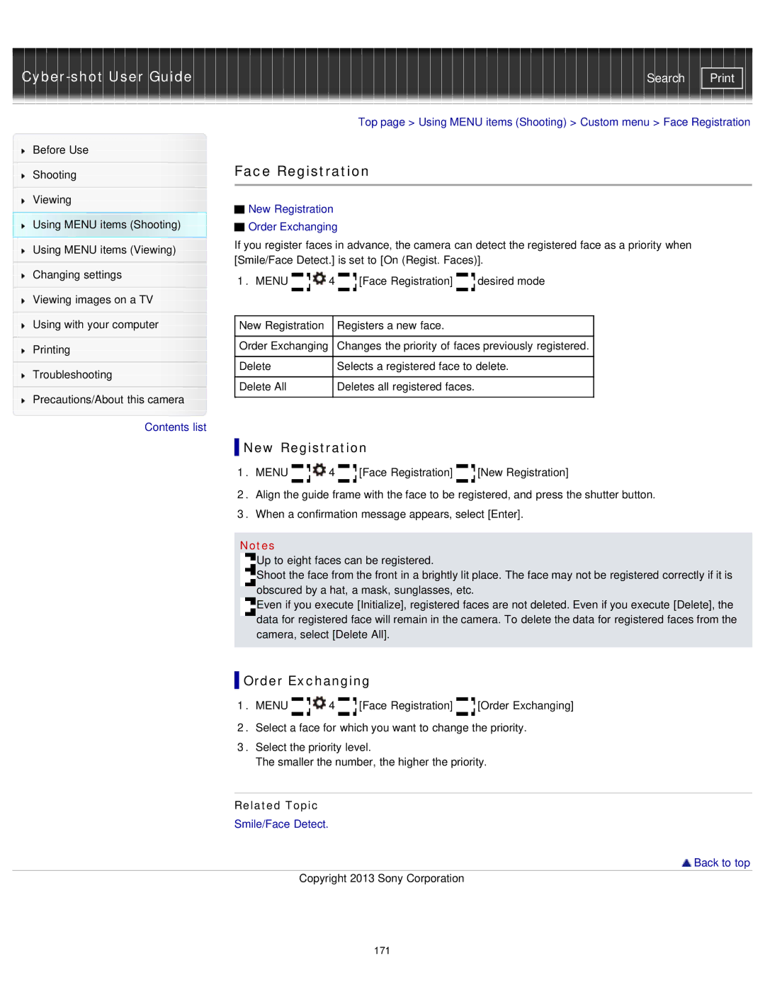 Sony DSC-RX1/RX1R manual Face Registration, New Registration, Order Exchanging 