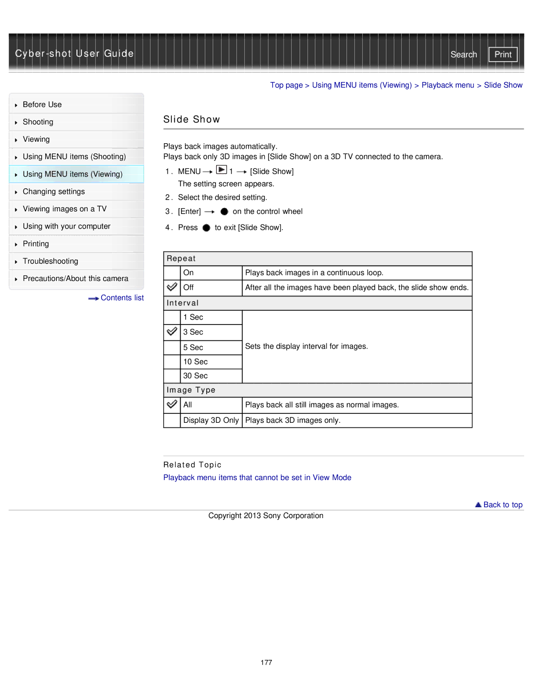 Sony DSC-RX1/RX1R manual Slide Show, Repeat, Interval, Image Type 