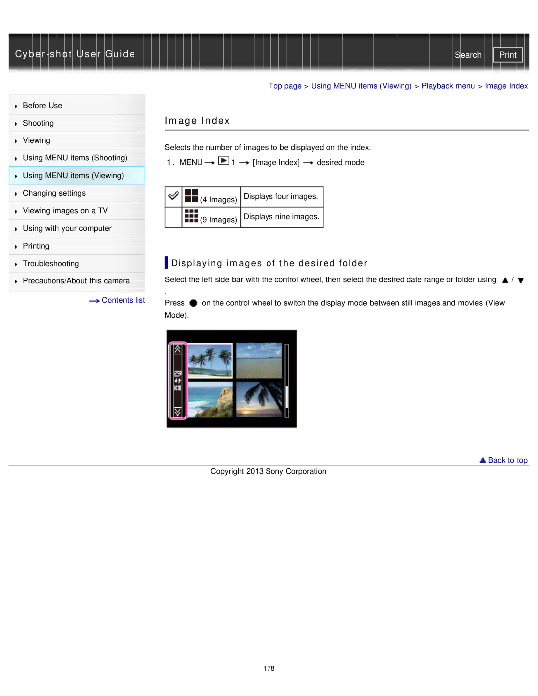 Sony DSC-RX1/RX1R manual Top page Using Menu items Viewing Playback menu Image Index 