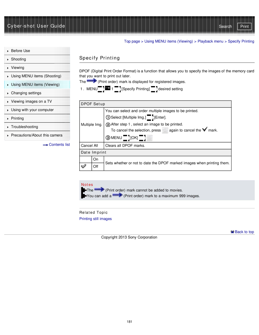 Sony DSC-RX1/RX1R manual Specify Printing, Dpof Setup, Date Imprint 