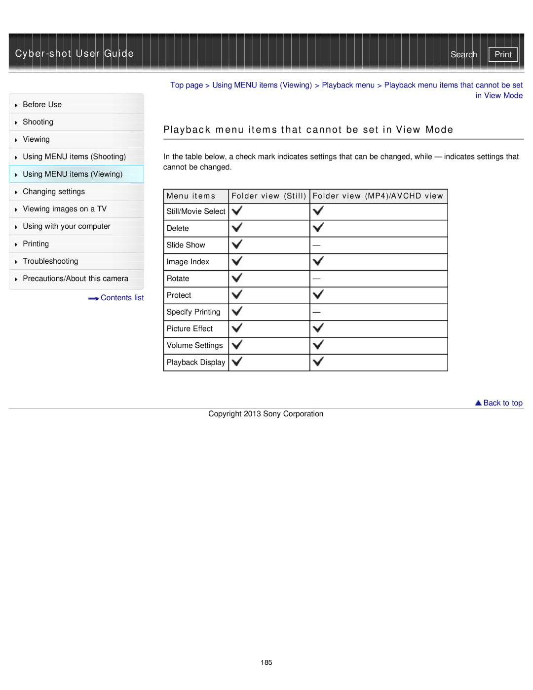 Sony DSC-RX1/RX1R manual Playback menu items that cannot be set in View Mode 