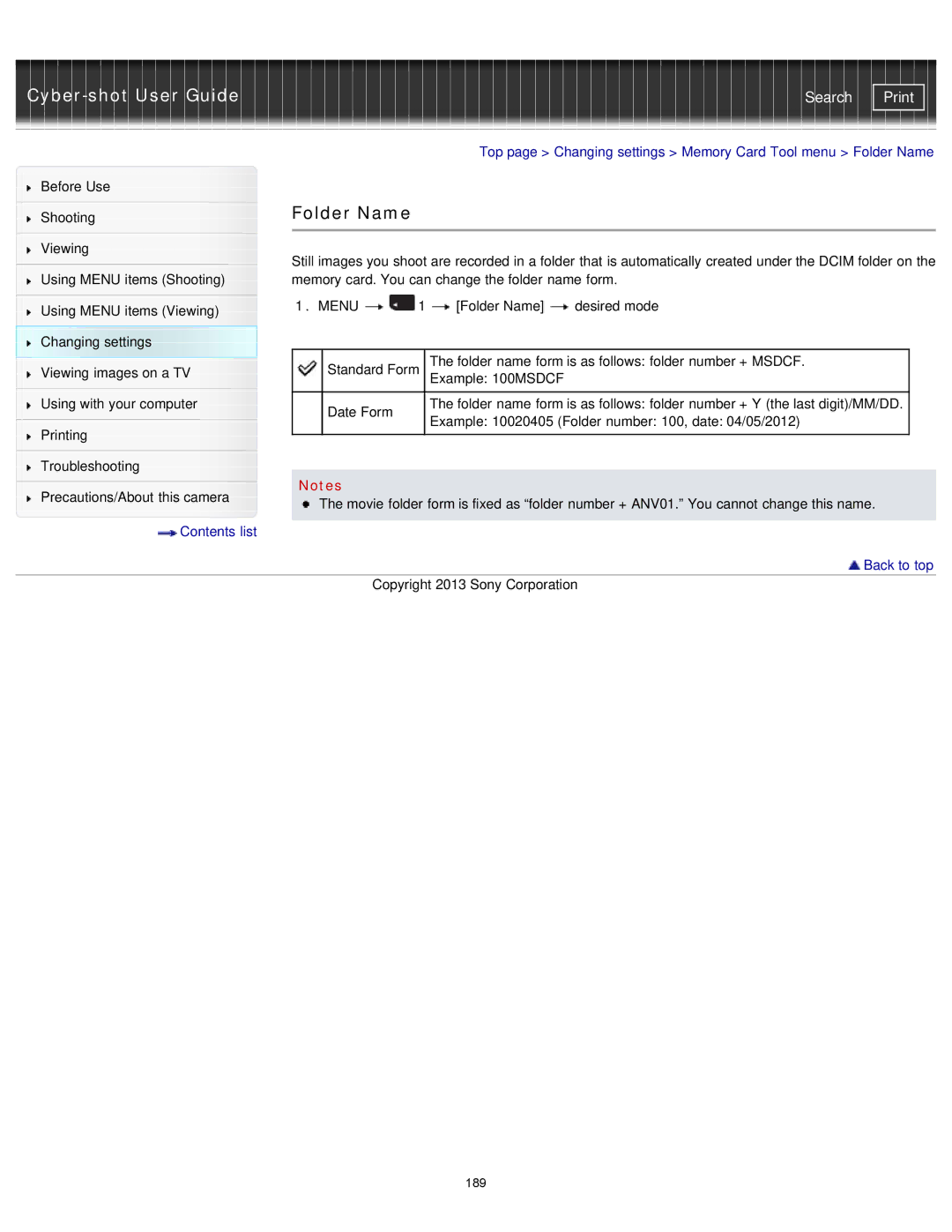 Sony DSC-RX1/RX1R manual Folder Name 