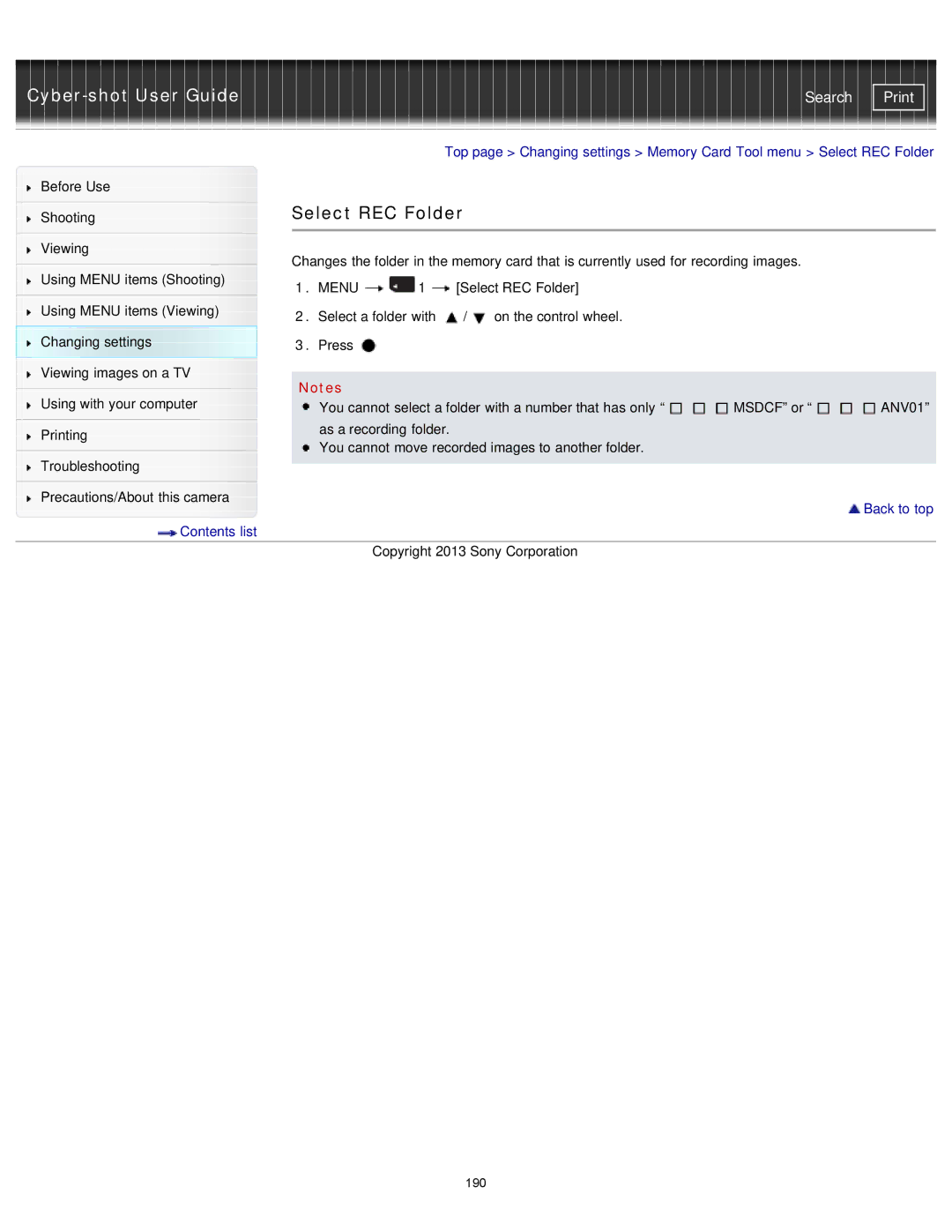 Sony DSC-RX1/RX1R manual Select REC Folder 