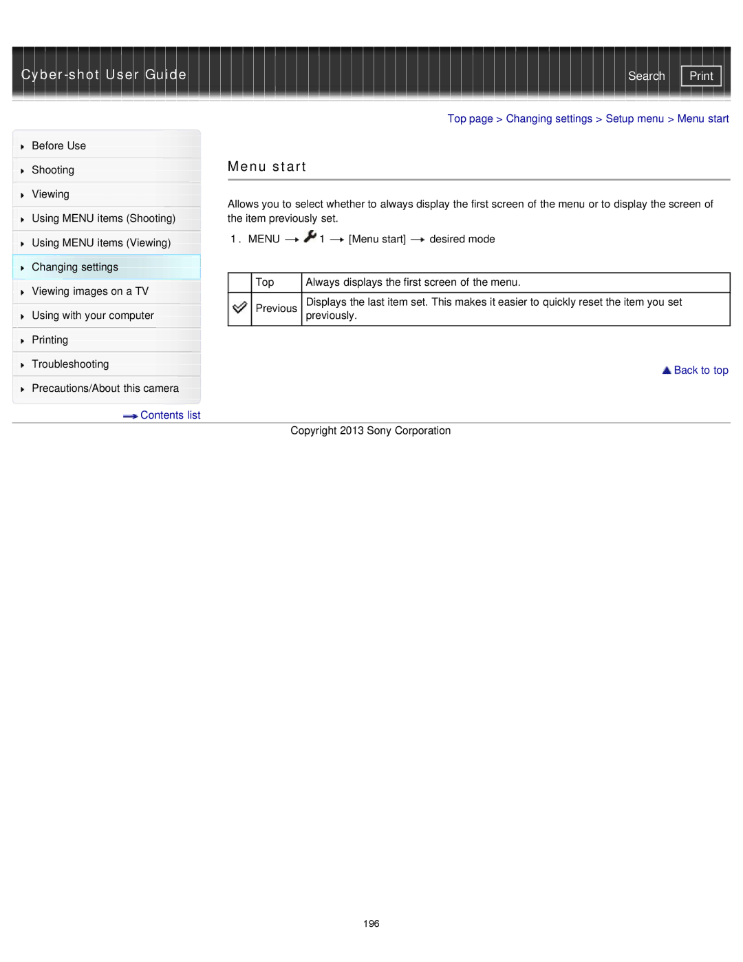 Sony DSC-RX1/RX1R manual Menu start 