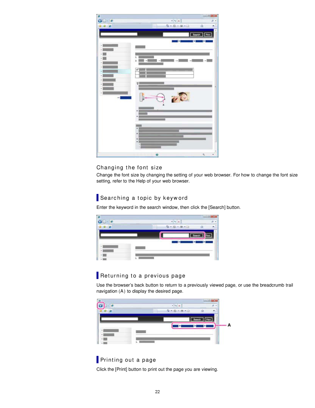 Sony DSC-RX1/RX1R manual Changing the font size, Searching a topic by keyword, Returning to a previous, Printing out a 