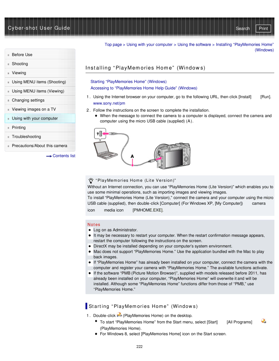 Sony DSC-RX1/RX1R Installing PlayMemories Home Windows, Starting PlayMemories Home Windows, PlayMemories Home Lite Version 