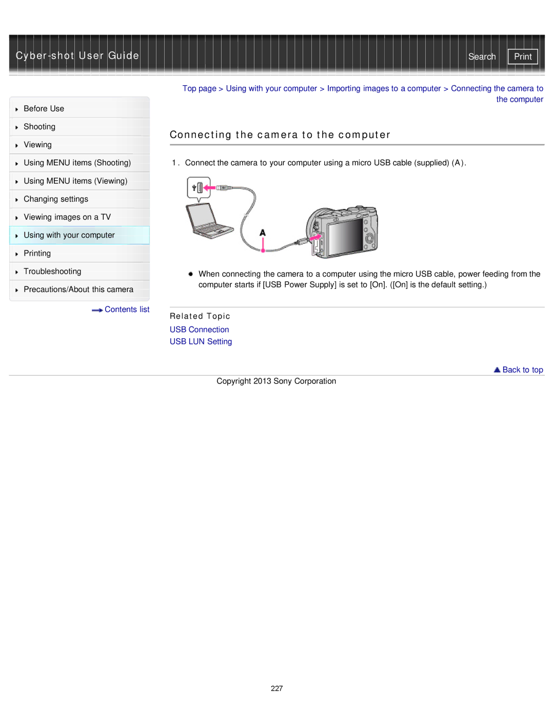 Sony DSC-RX1/RX1R manual Connecting the camera to the computer, Related Topic 