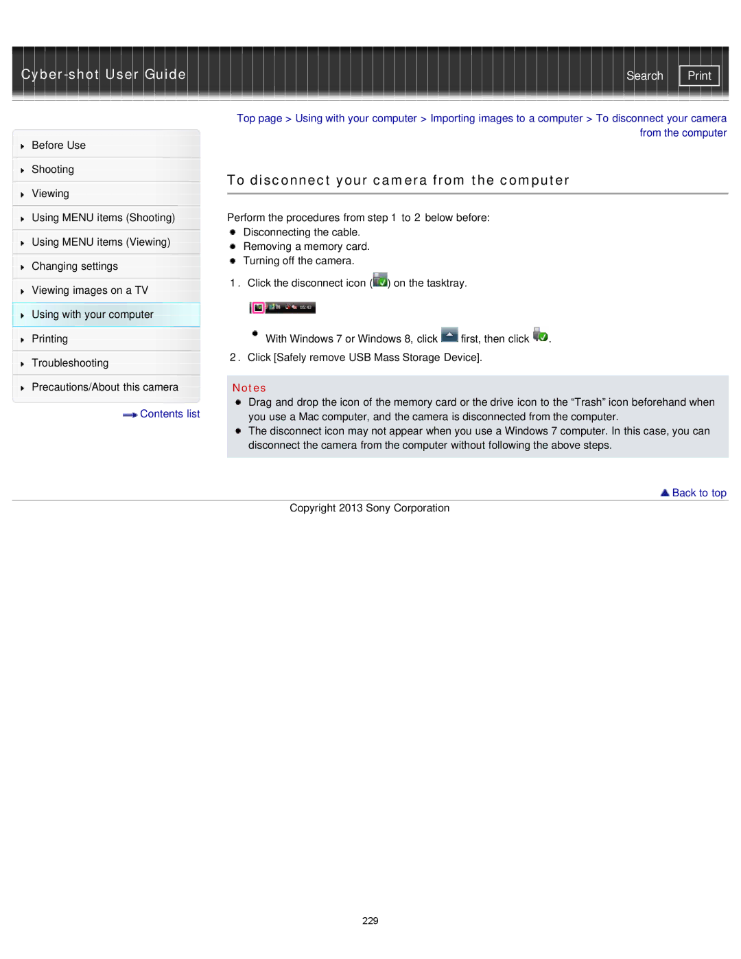 Sony DSC-RX1/RX1R manual To disconnect your camera from the computer 