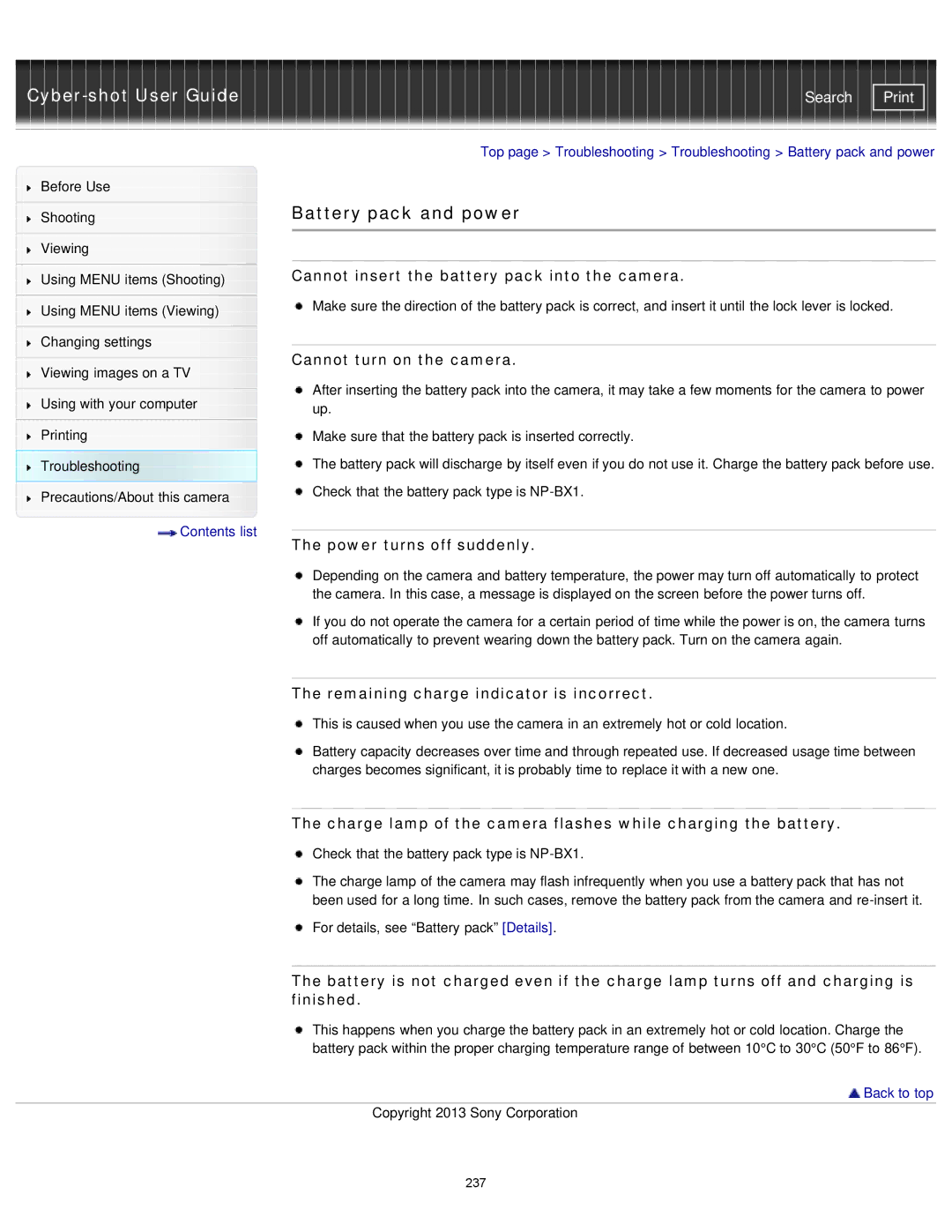 Sony DSC-RX1/RX1R manual Battery pack and power, Cannot insert the battery pack into the camera, Cannot turn on the camera 