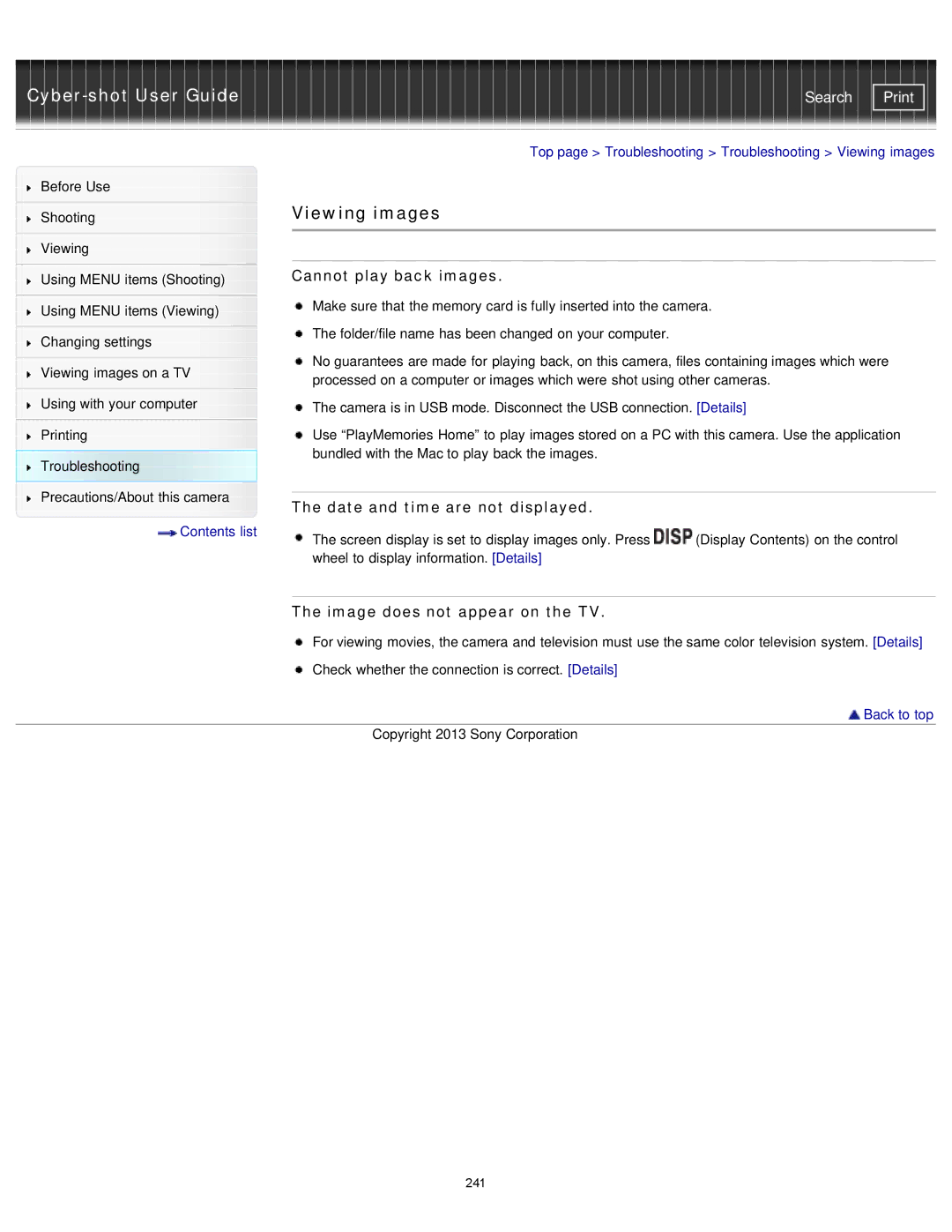 Sony DSC-RX1/RX1R manual Viewing images, Cannot play back images, Date and time are not displayed 