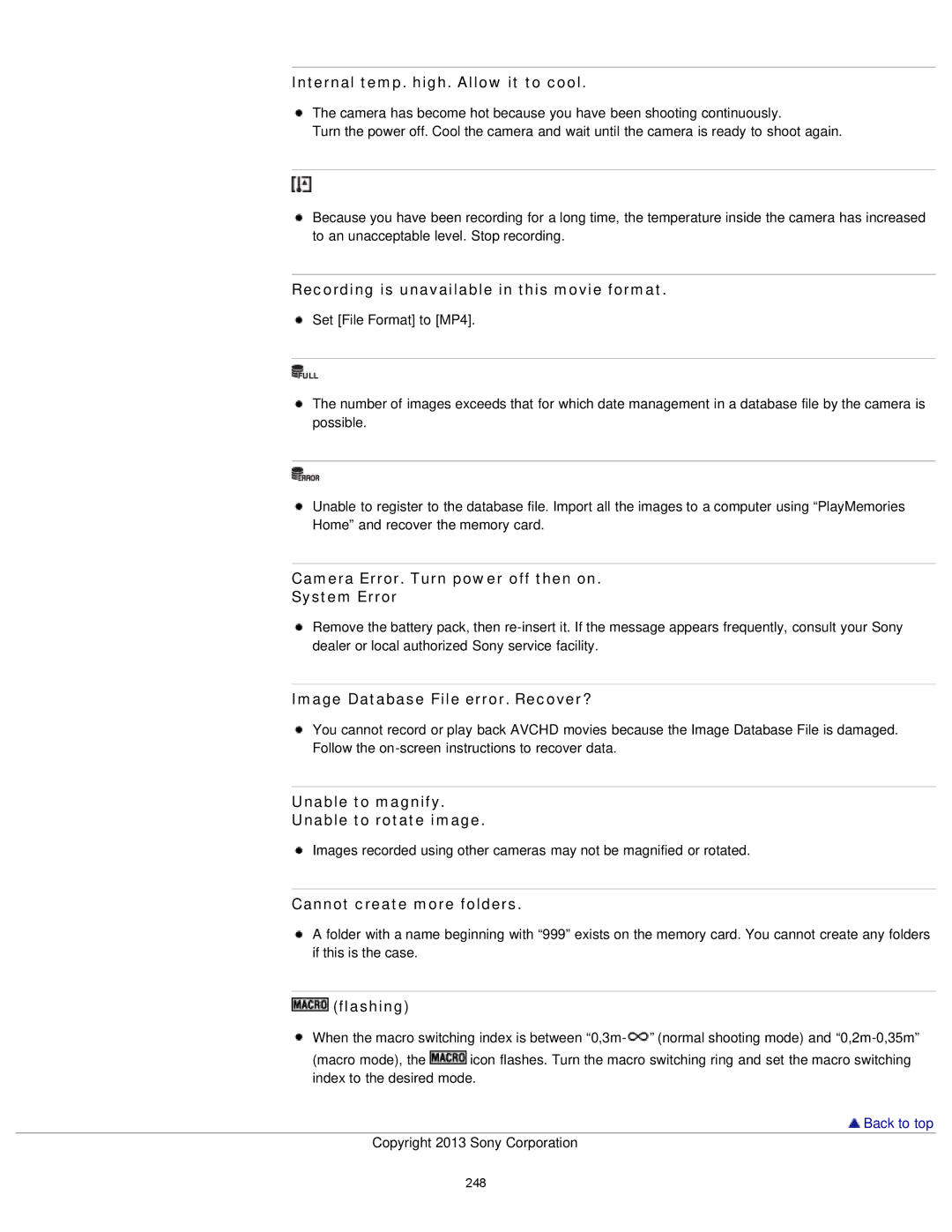 Sony DSC-RX1/RX1R manual Internal temp. high. Allow it to cool, Recording is unavailable in this movie format, Flashing 