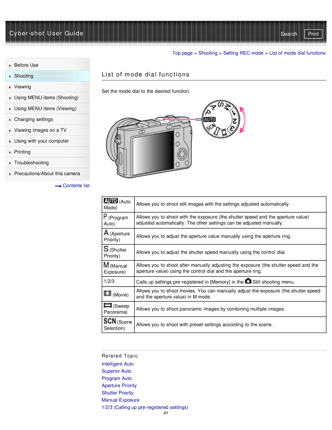 Sony DSC-RX1/RX1R manual List of mode dial functions, Related Topic 