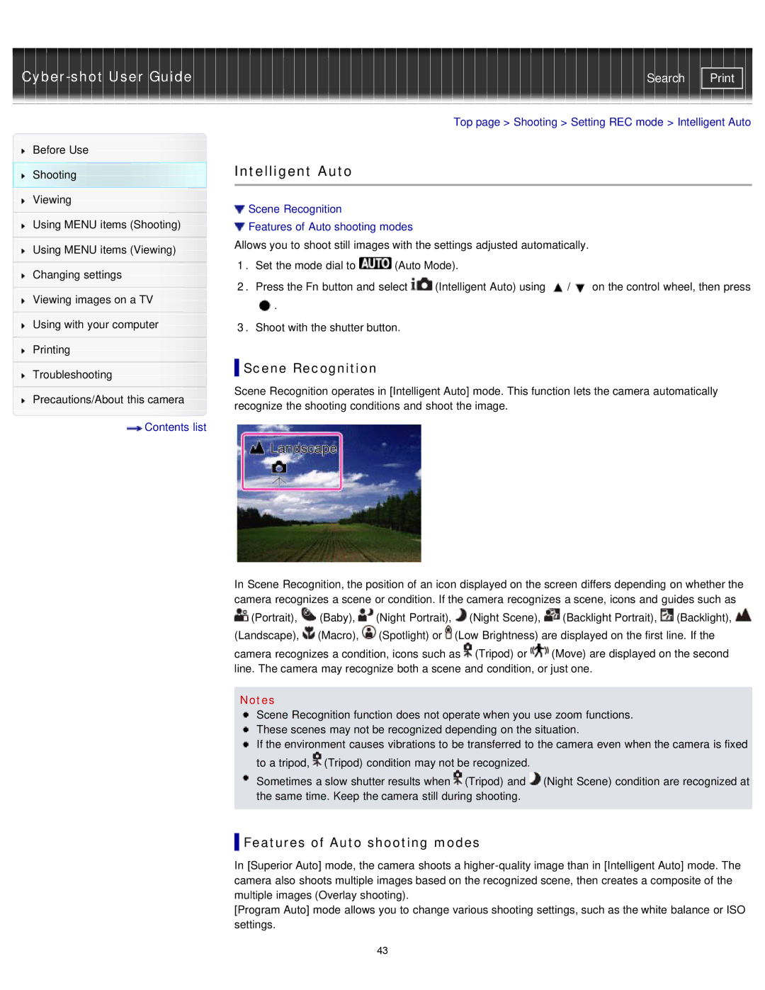 Sony DSC-RX1/RX1R manual Intelligent Auto, Scene Recognition, Features of Auto shooting modes 