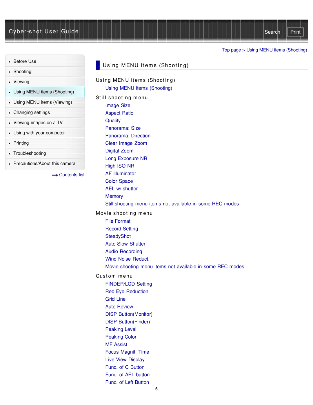 Sony DSC-RX1/RX1R manual Using Menu items Shooting, Still shooting menu, Movie shooting menu, Custom menu 