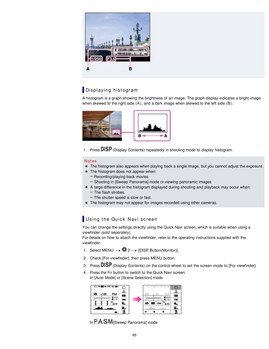 Sony DSC-RX1/RX1R manual Displaying histogram, Using the Quick Navi screen 