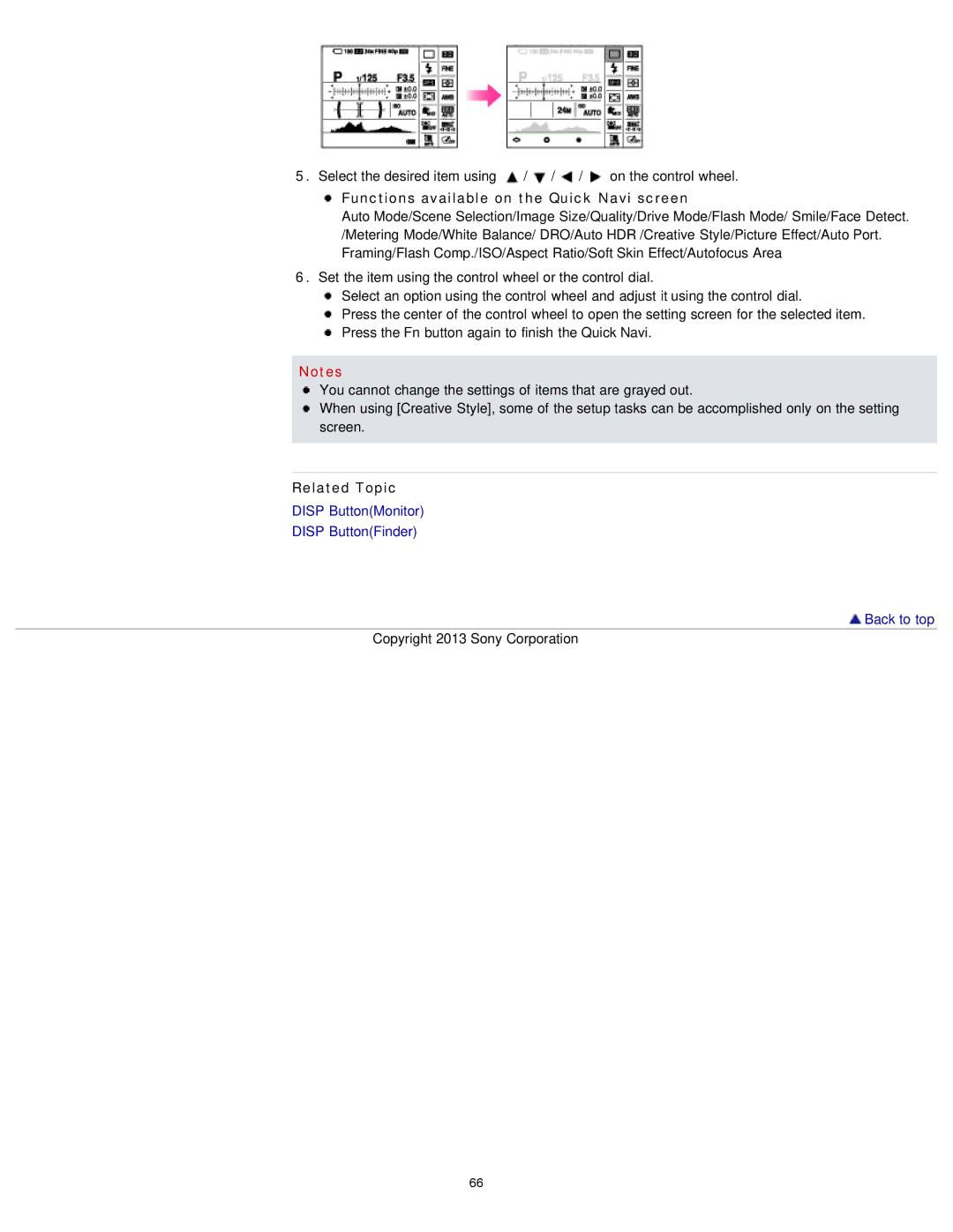 Sony DSC-RX1/RX1R manual Functions available on the Quick Navi screen, Related Topic 