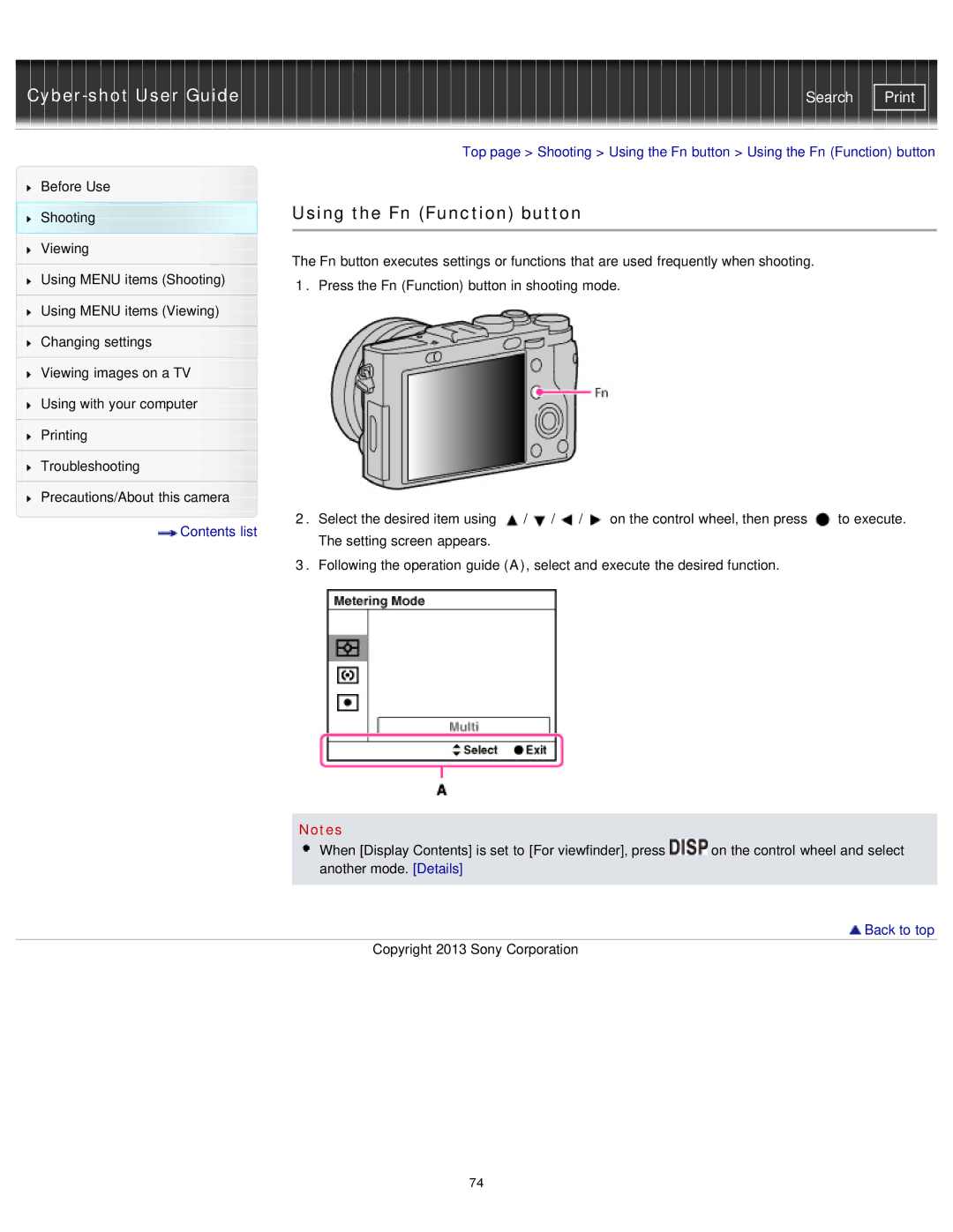 Sony DSC-RX1/RX1R manual Using the Fn Function button 