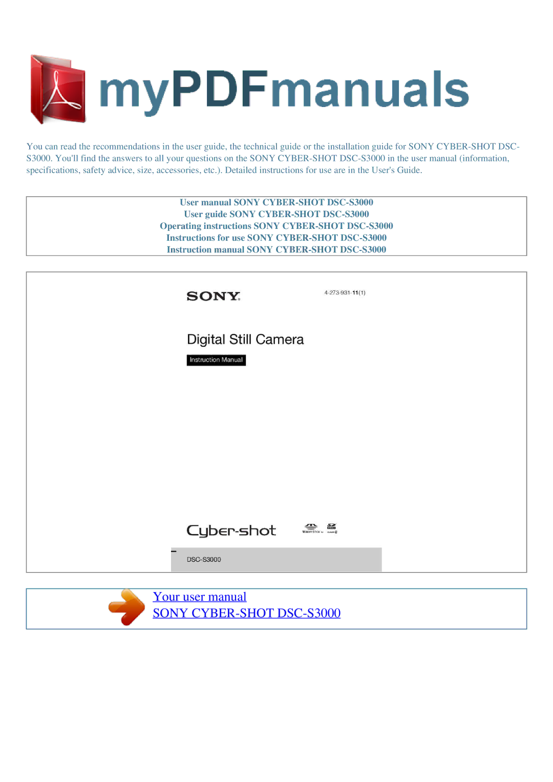 Sony user manual Sony CYBER-SHOTDSC-S3000 