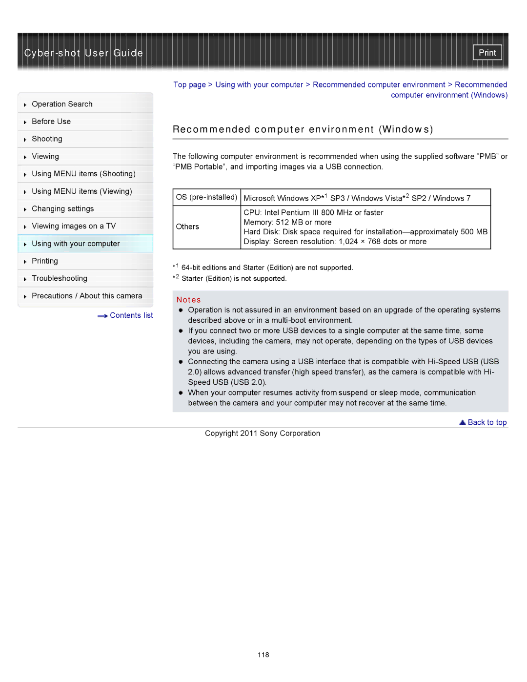 Sony DSC-S3000 manual Recommended computer environment Windows 