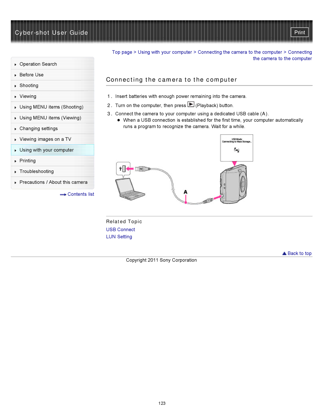 Sony DSC-S3000 manual Connecting the camera to the computer, Related Topic 