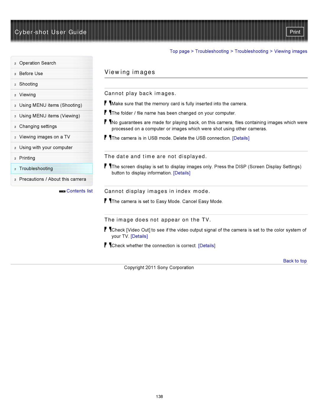 Sony DSC-S3000 Viewing images, Cannot play back images, Date and time are not displayed, Image does not appear on the TV 