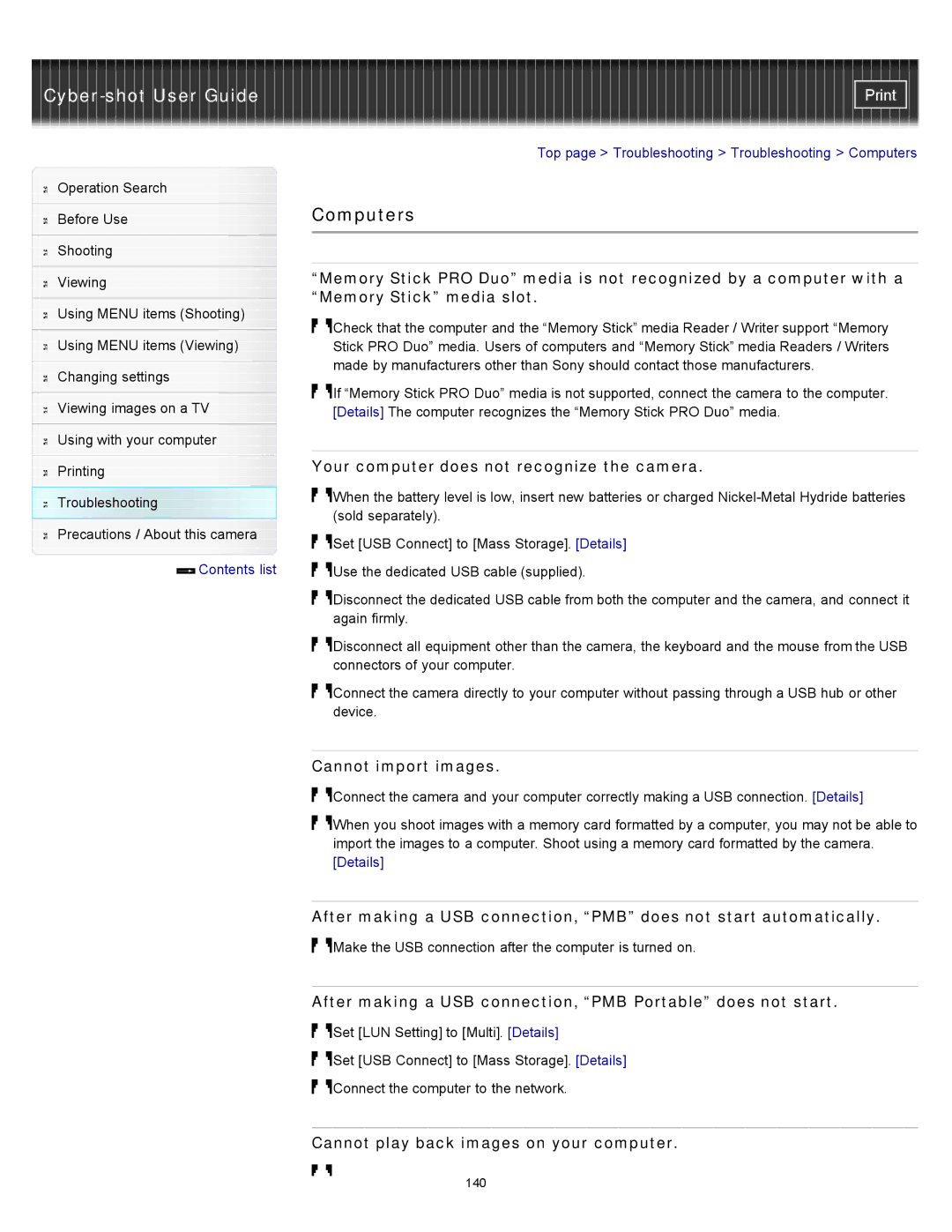 Sony DSC-S3000 manual Computers, Your computer does not recognize the camera, Cannot import images 