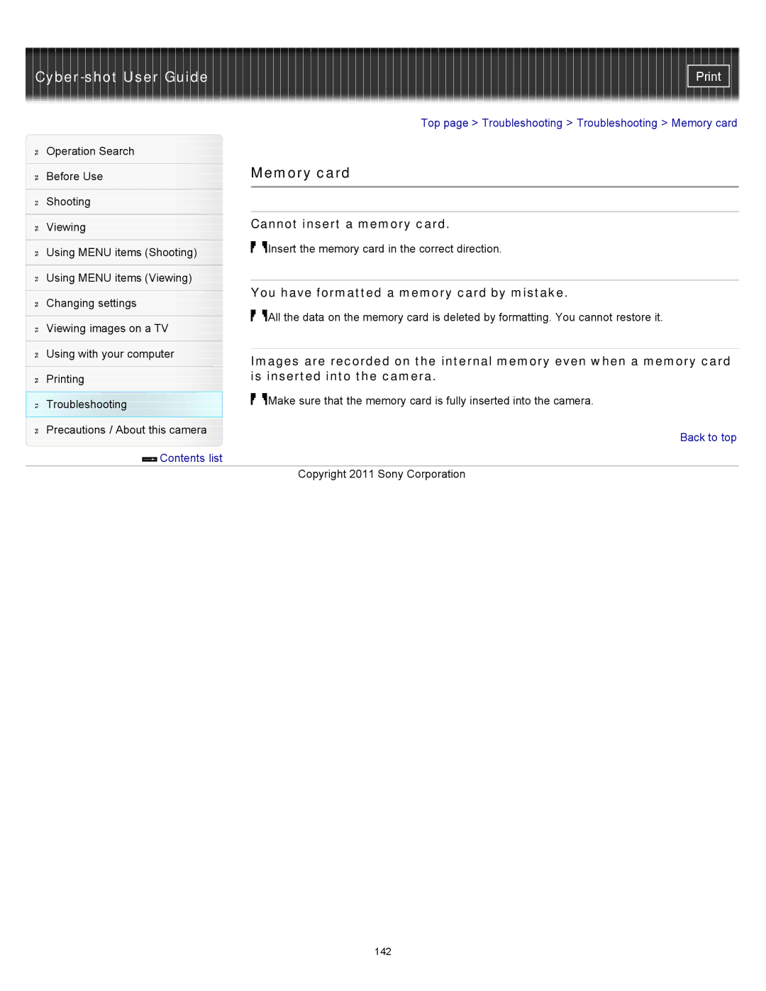 Sony DSC-S3000 manual Memory card, Cannot insert a memory card, You have formatted a memory card by mistake 