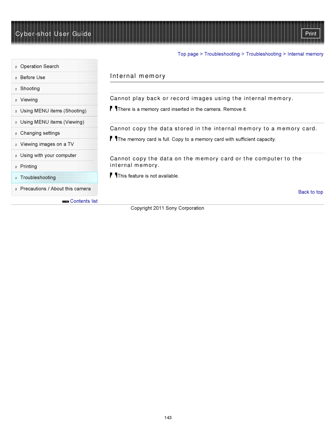 Sony DSC-S3000 manual Internal memory, Cannot play back or record images using the internal memory 