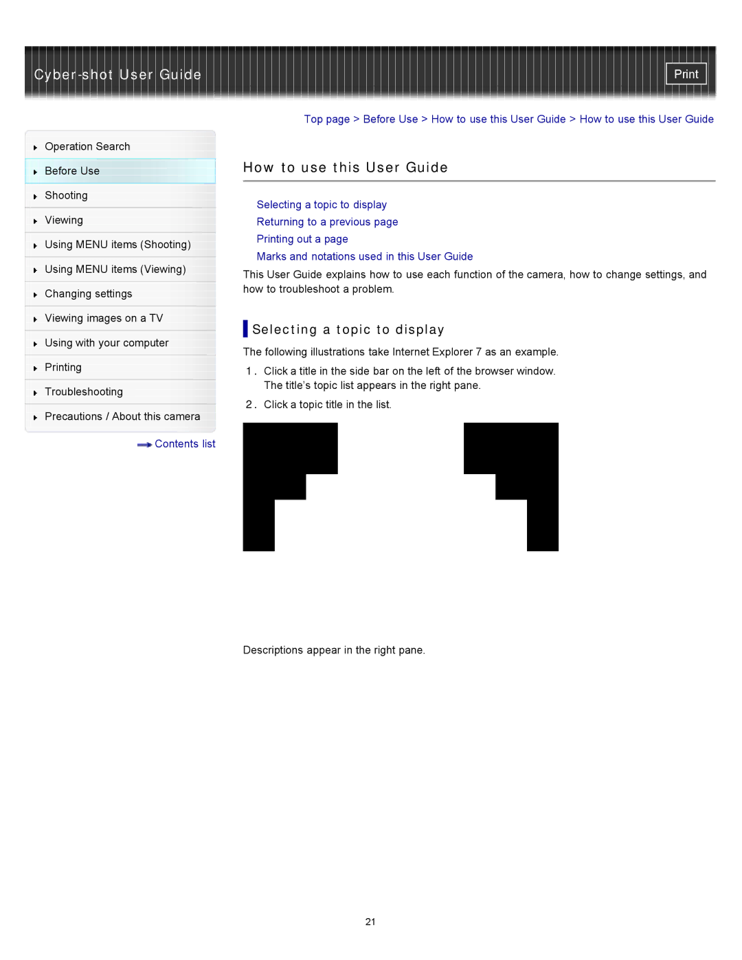 Sony DSC-S3000 manual How to use this User Guide, Selecting a topic to display 