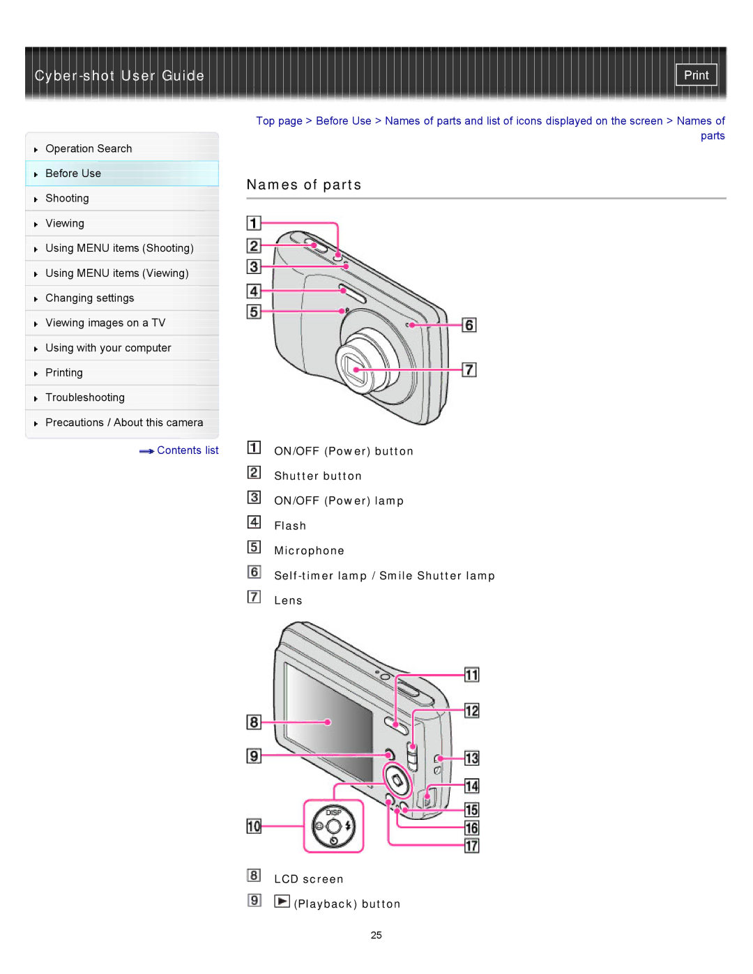 Sony DSC-S3000 manual Names of parts 