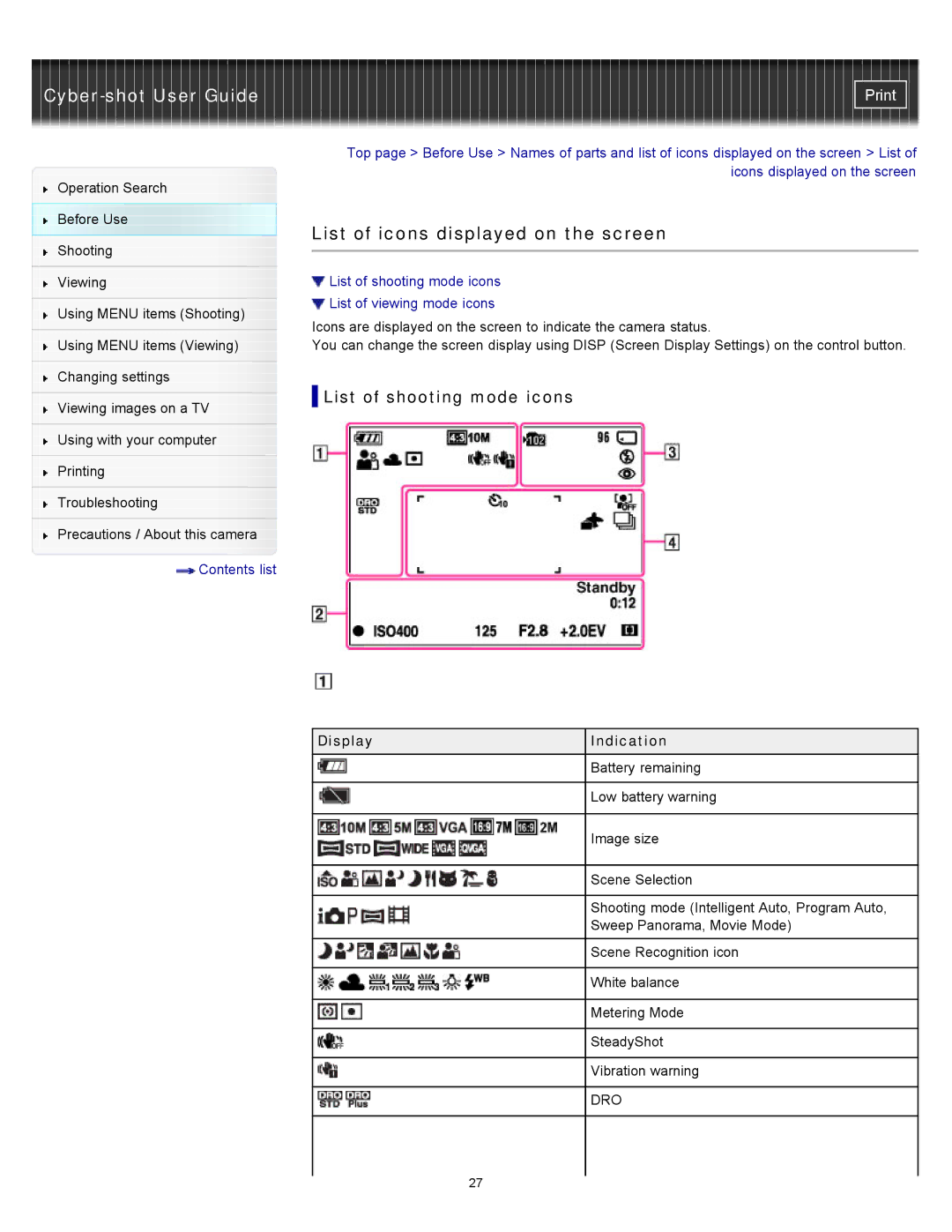 Sony DSC-S3000 manual List of icons displayed on the screen, List of shooting mode icons, Display Indication 