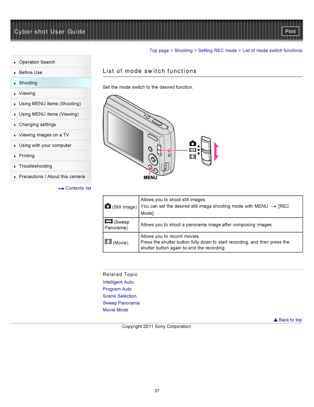 Sony DSC-S3000 manual List of mode switch functions 