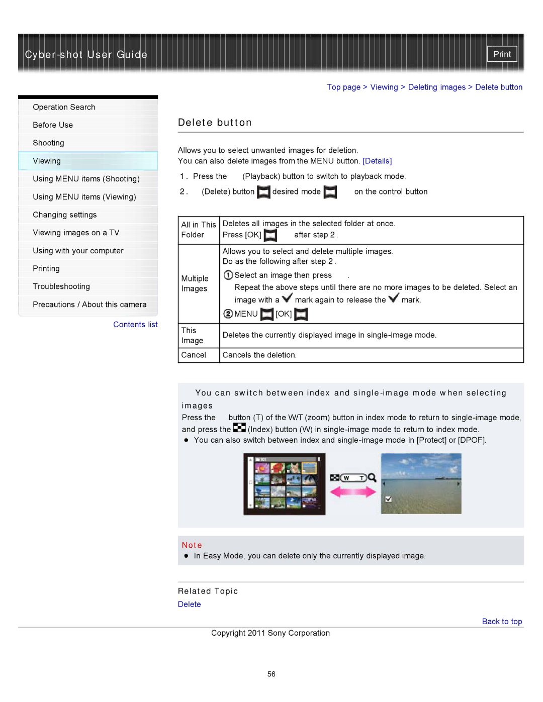 Sony DSC-S3000 manual Delete button, Menu 