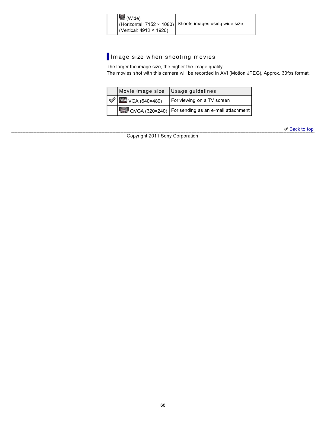 Sony DSC-S3000 manual Image size when shooting movies, Movie image size Usage guidelines 