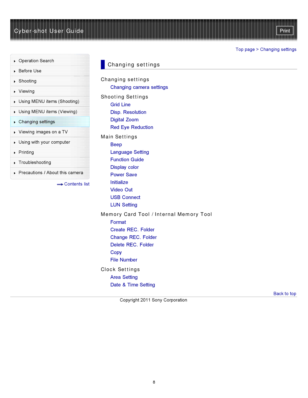 Sony DSC-S3000 manual Changing settings 