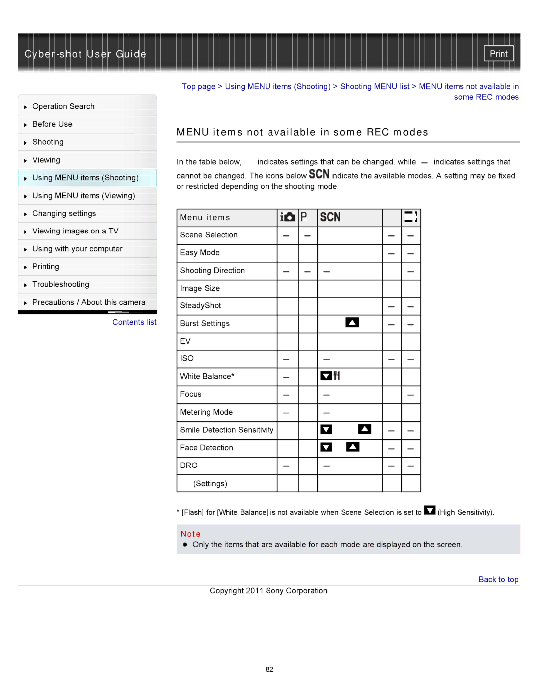 Sony DSC-S3000 manual Menu items not available in some REC modes 