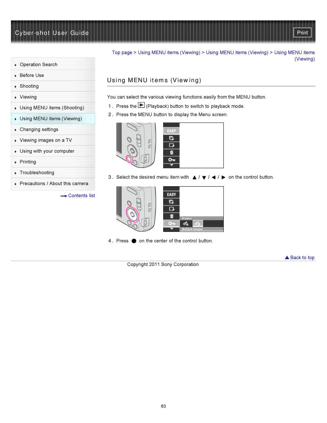 Sony DSC-S3000 manual Using Menu items Viewing 