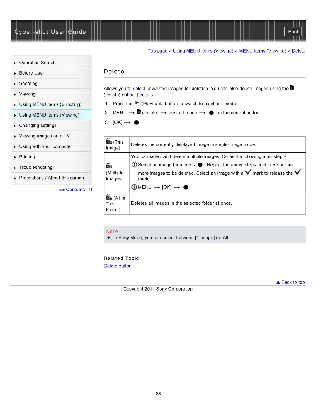 Sony DSC-S3000 manual Delete, Related Topic 