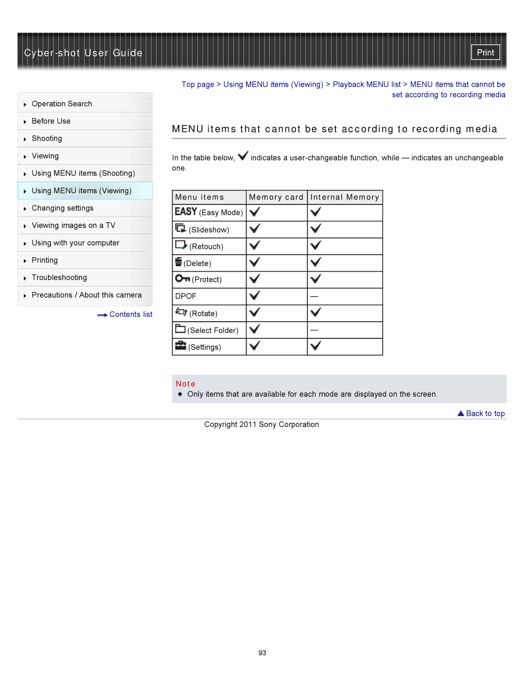 Sony DSC-S3000 manual Menu items that cannot be set according to recording media, Menu items Memory card Internal Memory 