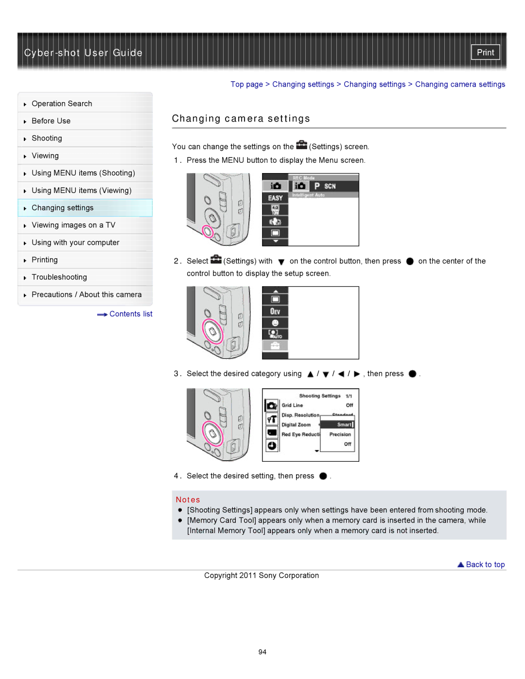 Sony DSC-S3000 manual Changing camera settings 