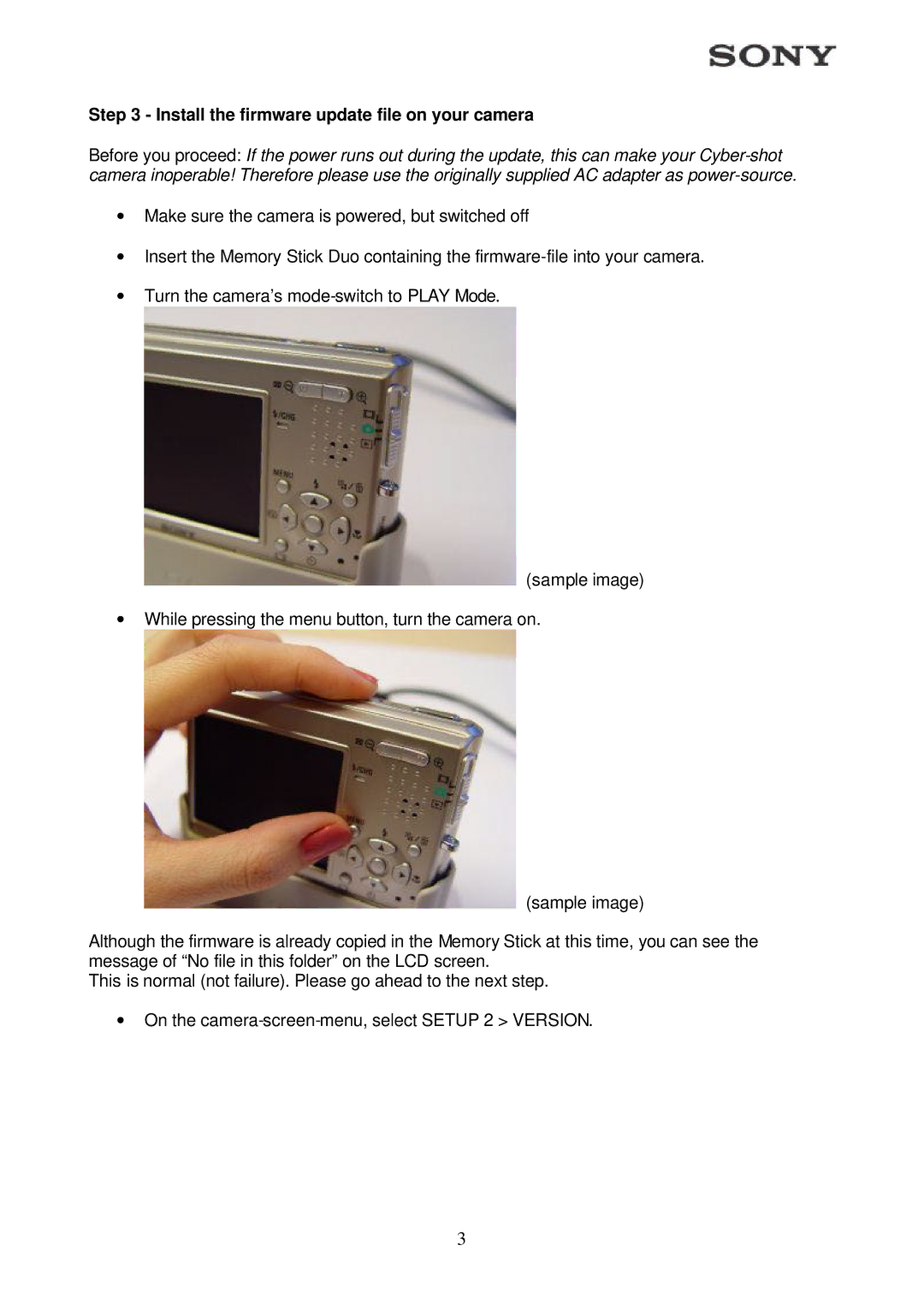 Sony DSC-T1 warranty Install the firmware update file on your camera 