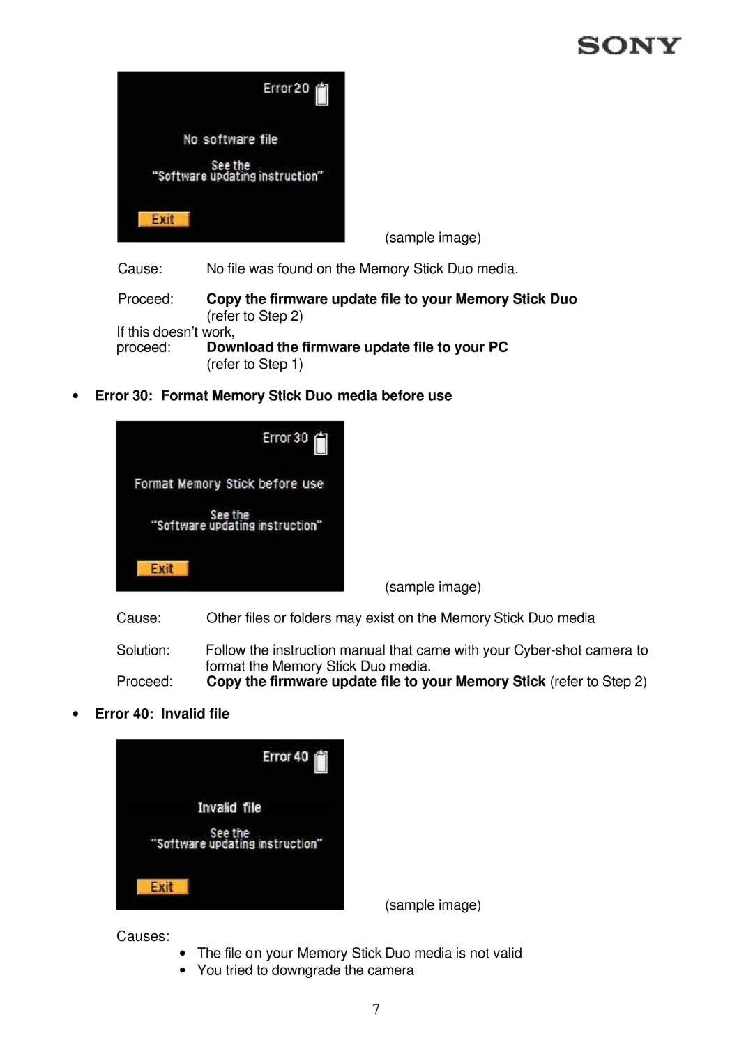 Sony DSC-T1 warranty ∙ Error 30 Format Memory Stick Duo media before use, ∙ Error 40 Invalid file 