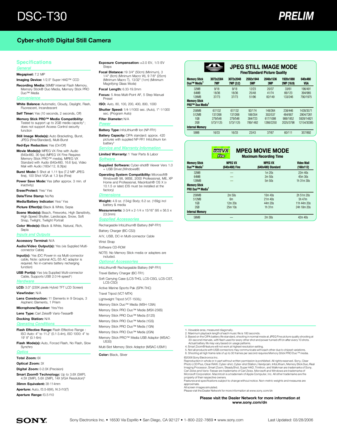 Sony DSC-T30 General, Convenience, Inputs and Outputs, Hardware, Operating Conditions, Power, Software, Dimensions, Optics 